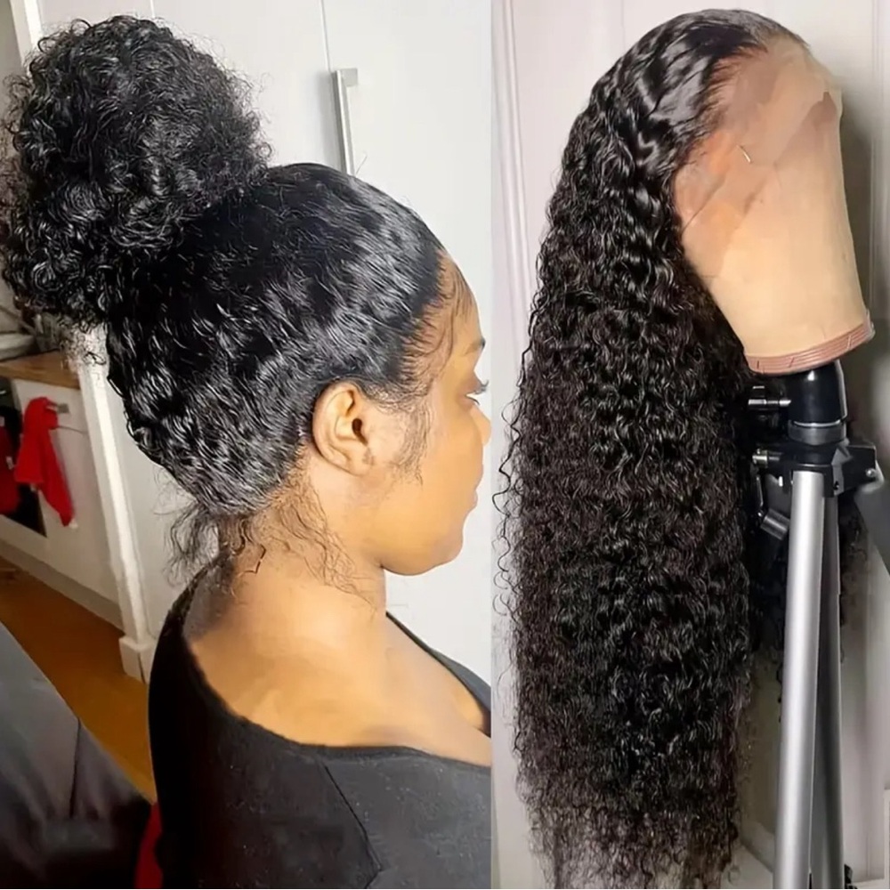180% Density 28” Natural Black Deep Wave 360 Lace Frontal Human Hair Wig - Picture 4 of 11